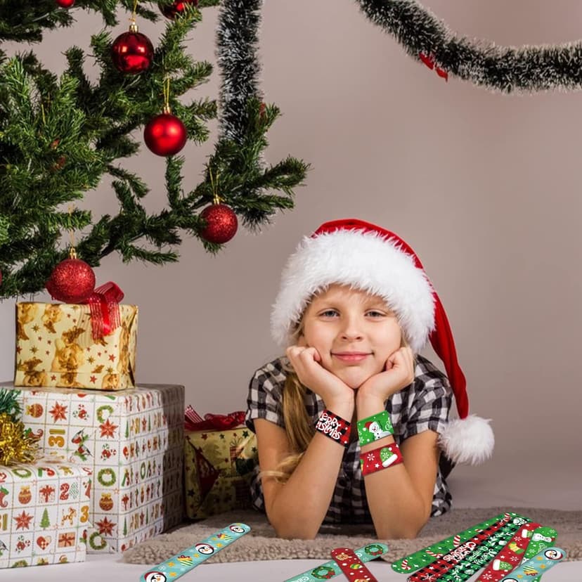 CCINEE 48Pcs Christmas Slap Bracelets，Xmas Slap Wristbands Assorted Pattern Snap Wristbands for Kids Christmas Party Favors Gift Bag Filler