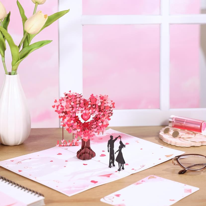 Pop Up Anniversary Card, 3D Love Tree Hearts Couple Wedding Card for Her, Wife, Husband, Him, Couple; Ideal Gift for Wedding, Romantic Birthday, Anniversary, Valentines, Mothers Day, 6x8 inch