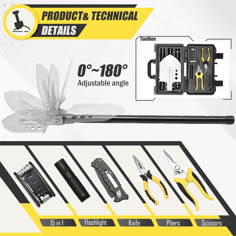 CIRONBOW Folding Camping Shovel Axe Kit，Multifunctional Survival Shovel with Stainless Steel Pickaxe ，pliers,Compass，Locking scissors，Magnetic flashlight- For Camping, Snow, Hiking, Survival Gear