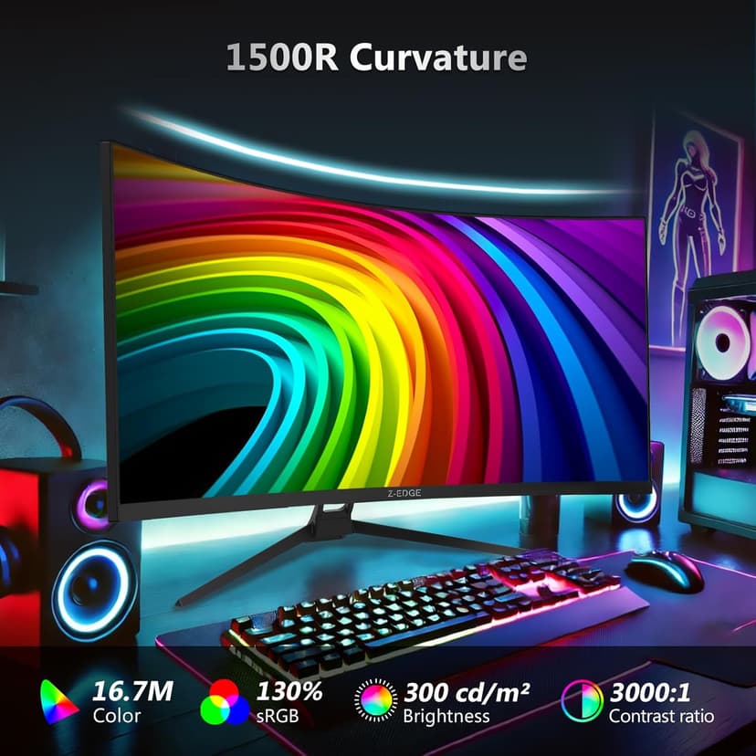 Z-Edge 34" Curved Gaming Monitor, WQHD 1440P 165Hz 144Hz PC Monitor, MPRT 1ms, 21:9 Aspect Ratio, 1500R, 16.7M Colors, 3000:1 Contrast, UG34 Frameless Bezel, 2X DP 1.4 Ports and 2X HDMI 2.0 Port