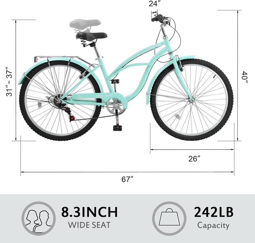 Women Bike, 26 Inch Beach Cruiser Bike, 7 Speed Commuter Bicycle with Ergonomic Upright Frame, Full Front & Rear Fenders (Green/Black/Red)