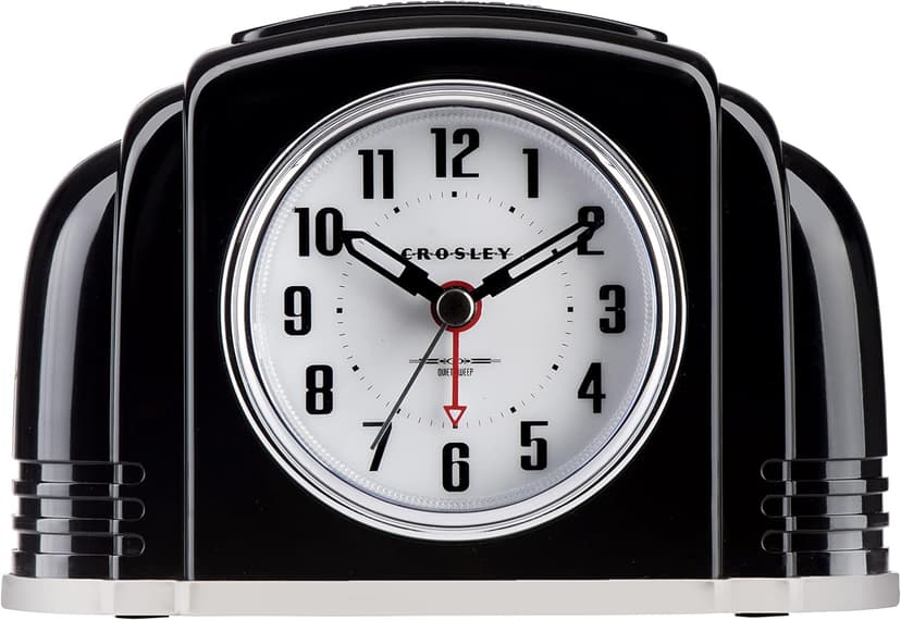 Crosley Vintage Art Deco Analog Alarm Clock, Quiet Ticking, Automatic Dimmable Smart Light, Simple Controls, (Black)