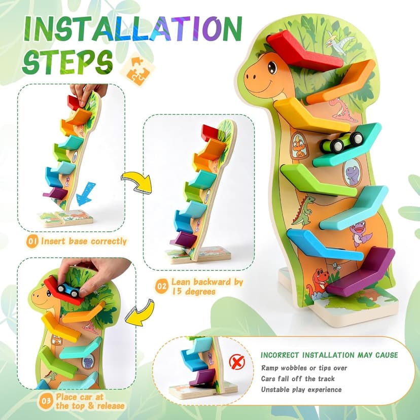4 Mini Cars, 8 Level Race Track Car Truck, Car Toys for Toddlers 1-3, One 1st Birthday Gift Montessori Toys for 1 2 3 Year Old Boy, Dinosaur Wooden Car Ramp Race Track B0H7H5XWV5