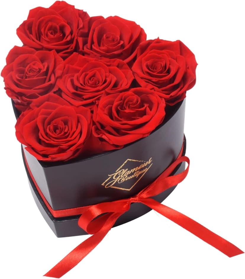 Small keepsake flower box for women, unique trinket and memory gift, cute present for a girlfriend, teacher or coworker GLAMOUR BOUTIQUE Preserved Flowers, 7 Forever Red Roses in Heart Gift Box