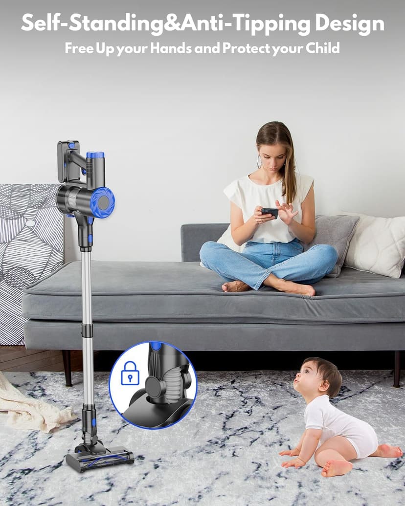 Cordless Vacuum Cleaner, Power Suction Stick Vacuum Cleaners with 2200 mAh Battery,8-in-1 Lightweight Self-Standing, 35 Mins Runtime for Home Hard Floor Low-Pile Carpet Pet Hair