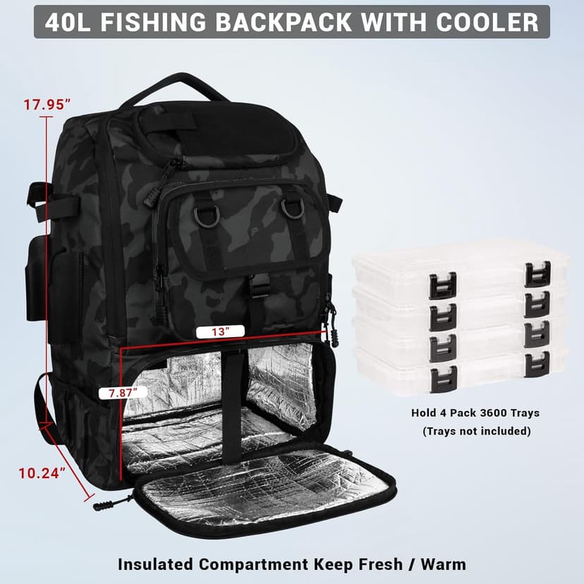 onedayHI Fishing Backpack with Rod Holders,40L Large Water-resistant Fishing Tackle Bag with Cooler,Tackle Box Backpack