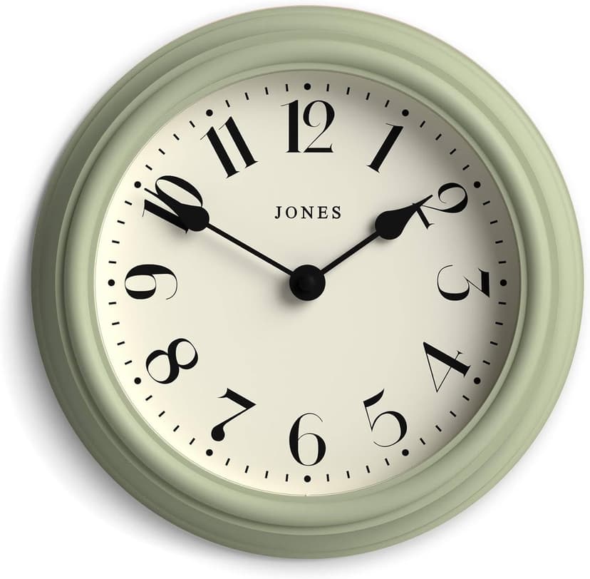 JONES CLOCKS® Frieze Wall Clock | Small Elegant Classic Round Clock | 23cm | Sage Green | Pretty Design Ideal for The Kitchen, Living Room, Bedroom, Large or Small Spaces
