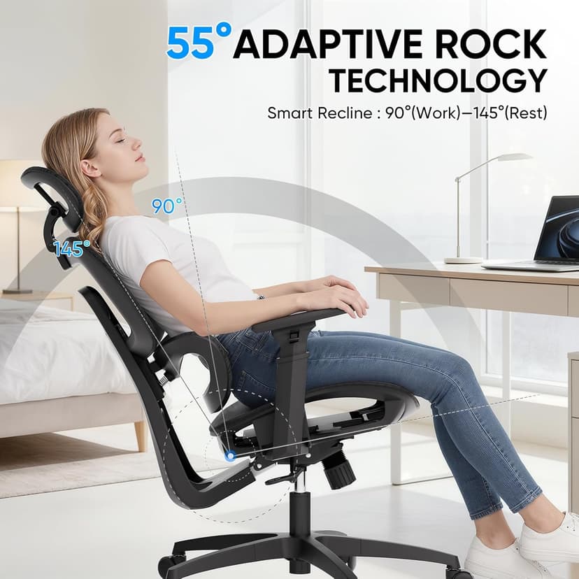 MoNiBloom Ergonomic Office Chair, High Back Mesh Desk Chair with Adjustable Headrest & 3D Armrests, Lumbar Support, 90–145° Recline, Swivel Rolling Computer Chair for Office Conference Room (1)