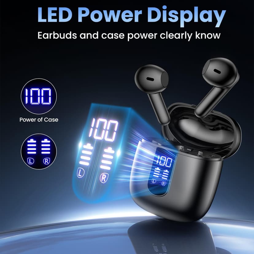 Haqquio Wireless Earbuds, Bluetooth Headphones with Deep Bass Stereo, 48H Playback Ear Buds with LED Power Display, Lightweight, IPX7, in-Ear Earphones with Mic for iPhone/Android/iPad, Black