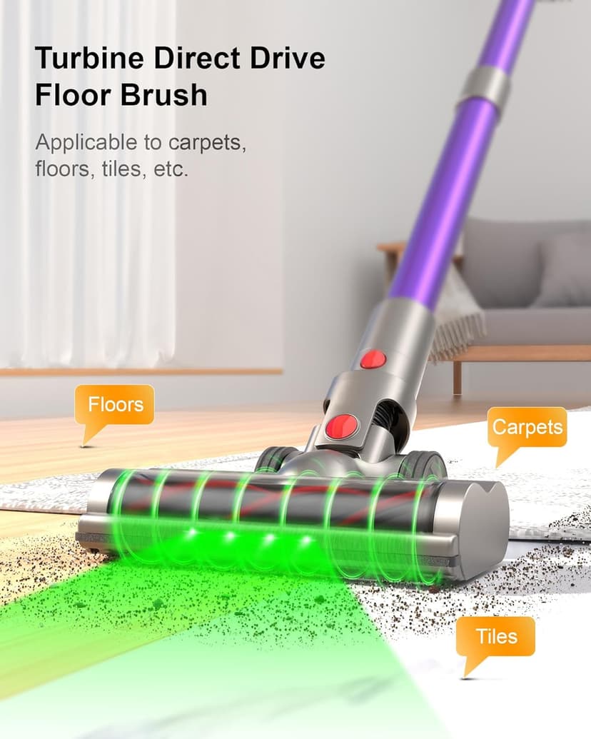 Cordless Vacuum Cleaner, 2 Batteries 120 Mins Runtime, 600W 50KPA Stick Vacuum with Self-Standing, Tangle-Free Brush, LED Display, Vacuum Cleaner for Home Hardwood Floor, Carpet, Pet Hair