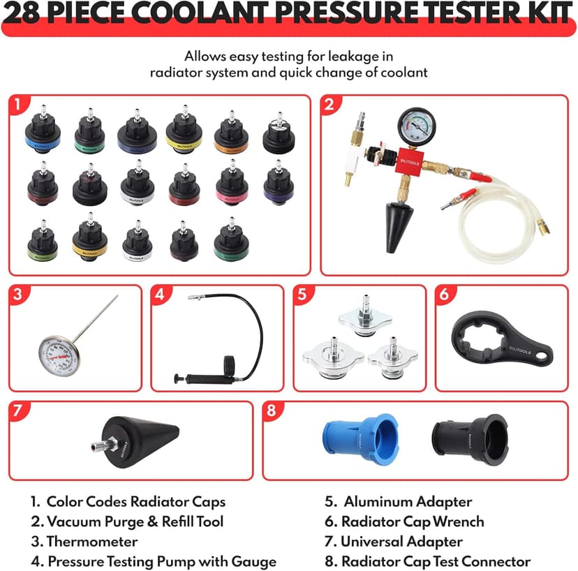 BILITOOLS Radiator Coolant Pressure Tester & Vacuum Refill Kit, 28-Piece Universal Cooling System Radiator Leak Tester & Refiller