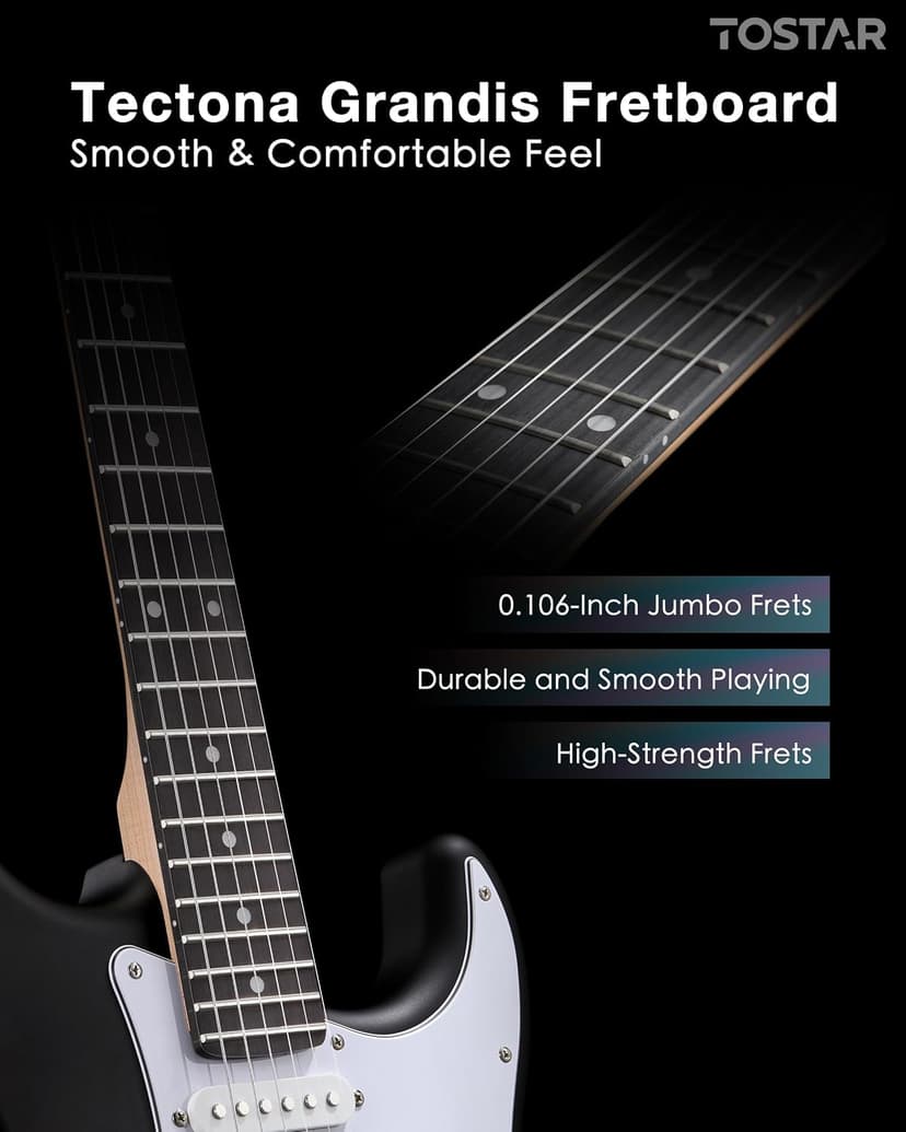 Tostar Beginner Electric Guitar, Solid Body, 39" Full Size Strat Style with HSS Pickups, 5-Way Switch, Tremolo Bridge, Maple Neck & Tectona Fretboard, Ideal for Beginners and Gifting, Black
