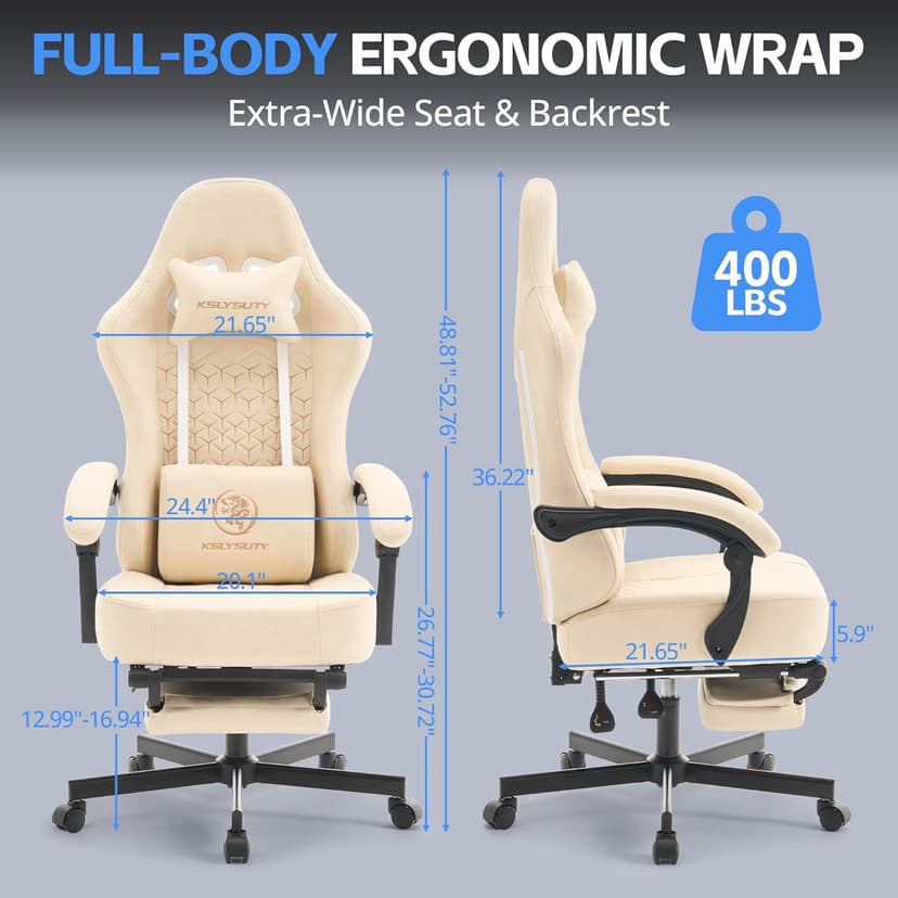 Gaming Chair Breathable Leather with Pocket Spring Cushion, Wide and High Ergonomic Office Chair with Headrest, Computer Gaming Chair with Footrest for Adult and Teen (Beige Leather)