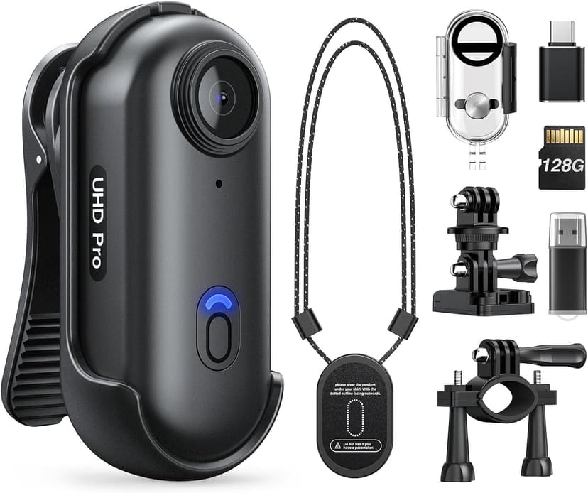 Losfom Z10 4K Action Camera, 128GB Wearable Sports Camera with Waterproof Case, Magnetic Clip, and Quick-Mount Accessories, Small Body Cam for Cycling, Diving, Travel (No WiFi No Bluetooth