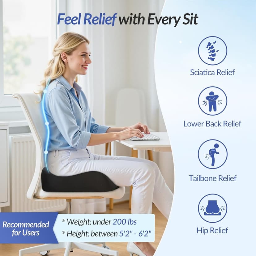 ZIKEE Pioneering Seat Cushion for Pressure Relief, Ergonomic Office Chair Cushion for Sciatica, Back, Hemorrhoids & Tailbone Pain Relief, High-Density Memory Foam Car Seat Cushion with Anti-Slip Base