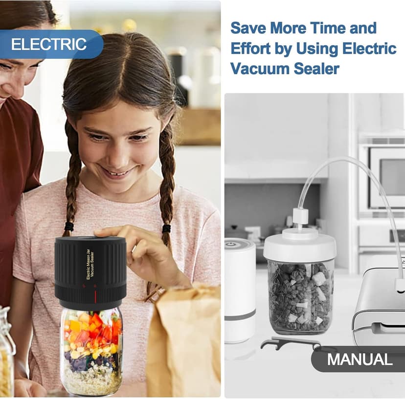 Electric Mason Cordless Vacuum Sealer Kit for Wide-Mouth & Regular-Mouth Mason Jars, for Food Storage and Fermentation, Black