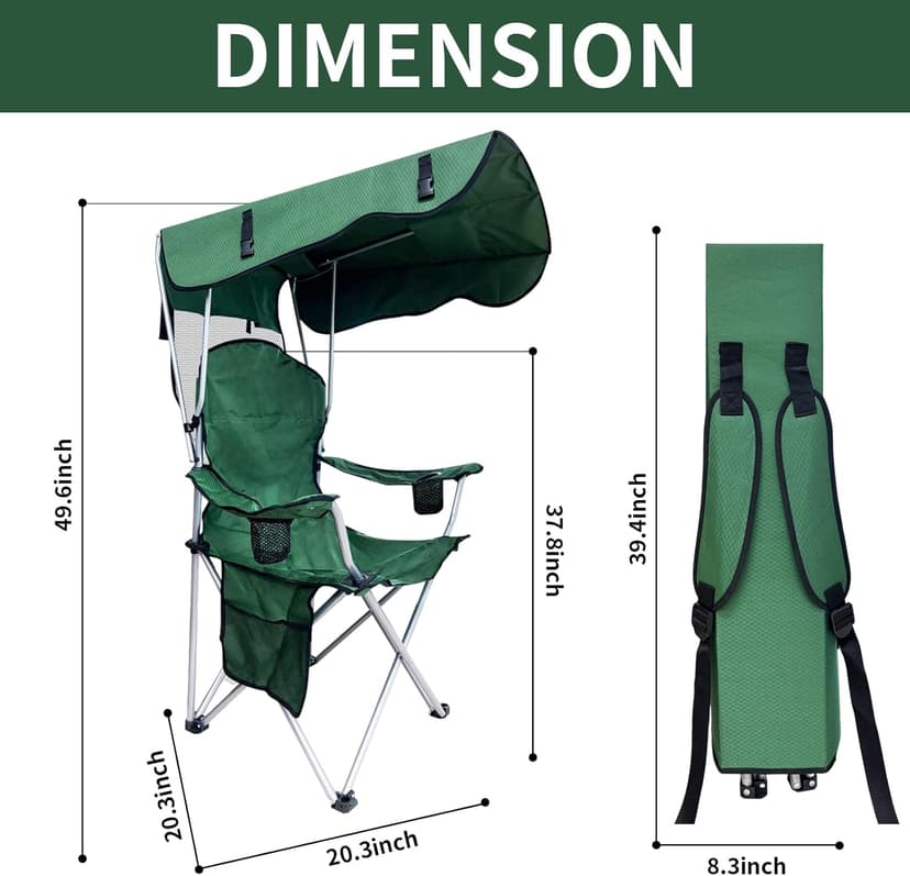 Portable Camping Chair with Canopy Shade - Folding Lounge Chair with Cup Holder & Side Pocket for Outdoor Camping, Fishing, Beach - Support 330 LBS - Green