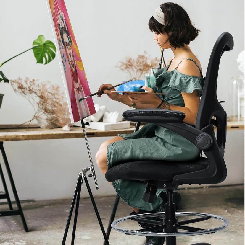Drafting Chair, Ergonomic Tall Office Chair for Standing Desk, Counter Height Desk Chair with Adjustable Padded Armrests and Footrest Ring Standing Desk Chair Adjustable Height with Lumbar Support