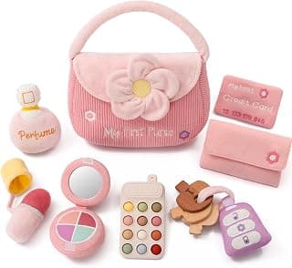 Teether Phone, Wooden Keys & Car Key, Soft Baby Purse with Mirror & Crinkle Card, Sensory Pretend Play, 1 Year Old Girl Gifts let's make My First Baby Purse, 10 Pcs Sensory Toy for Baby & Toddler Girls B0H151K19V