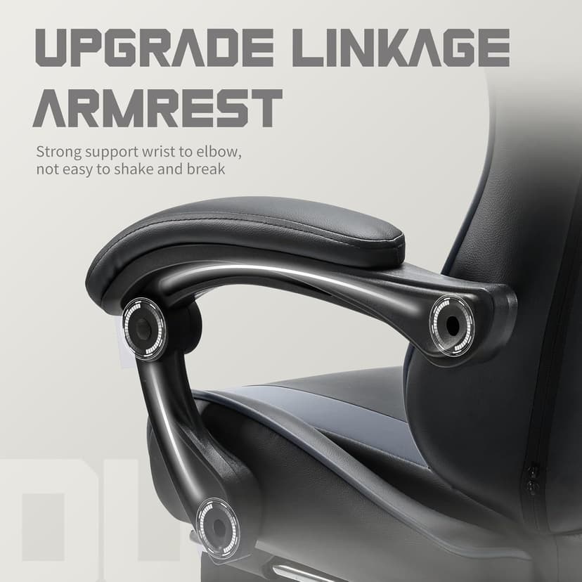 DUMOS Ergonomic Gaming Office Desk Chair with Footrest and Headrest for Adults, PU Leather Video Computer Chair with Linkage Armrests, Height Adjustable 360° Swivel Recling Chair, Black Grey