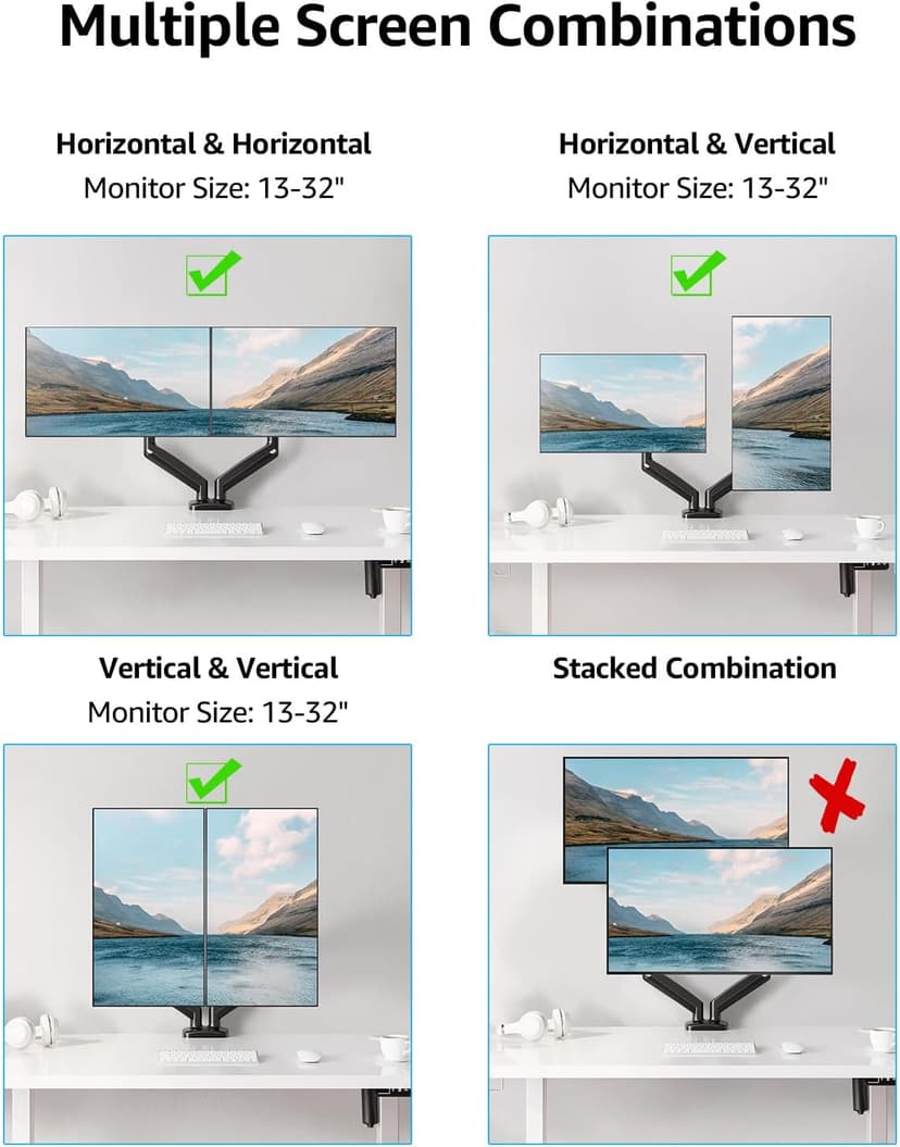 MOUNTUP Dual Monitor Stand for Desk, Monitor Arms for 2 Monitors 32 27 24 22 Inches, Height Adjustable Double Monitor Mount, VESA Mount with C-Clamp & Grommet Base, Holds 4.4-17.6lbs