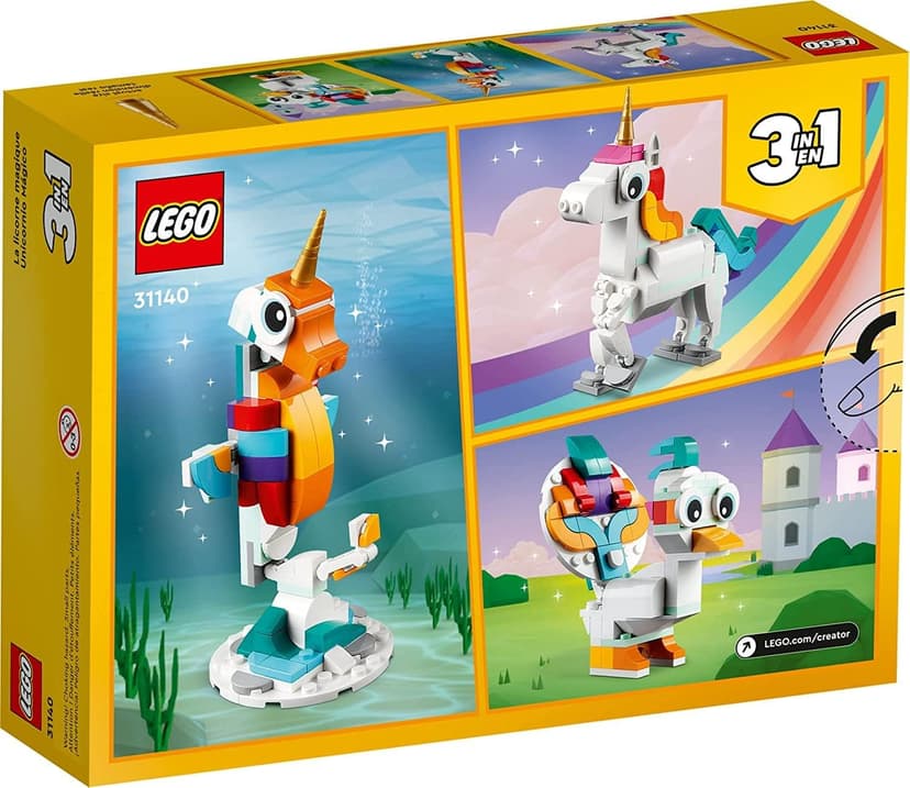 LEGO Creator 3 in 1 Magical Unicorn Toy, Transforms to Seahorse to Peacock, Rainbow Animal Figures, Unicorn Gift for Grandchildren, Girls and Boys, Buildable Toys, 31140 B0BLJ4SVWV
