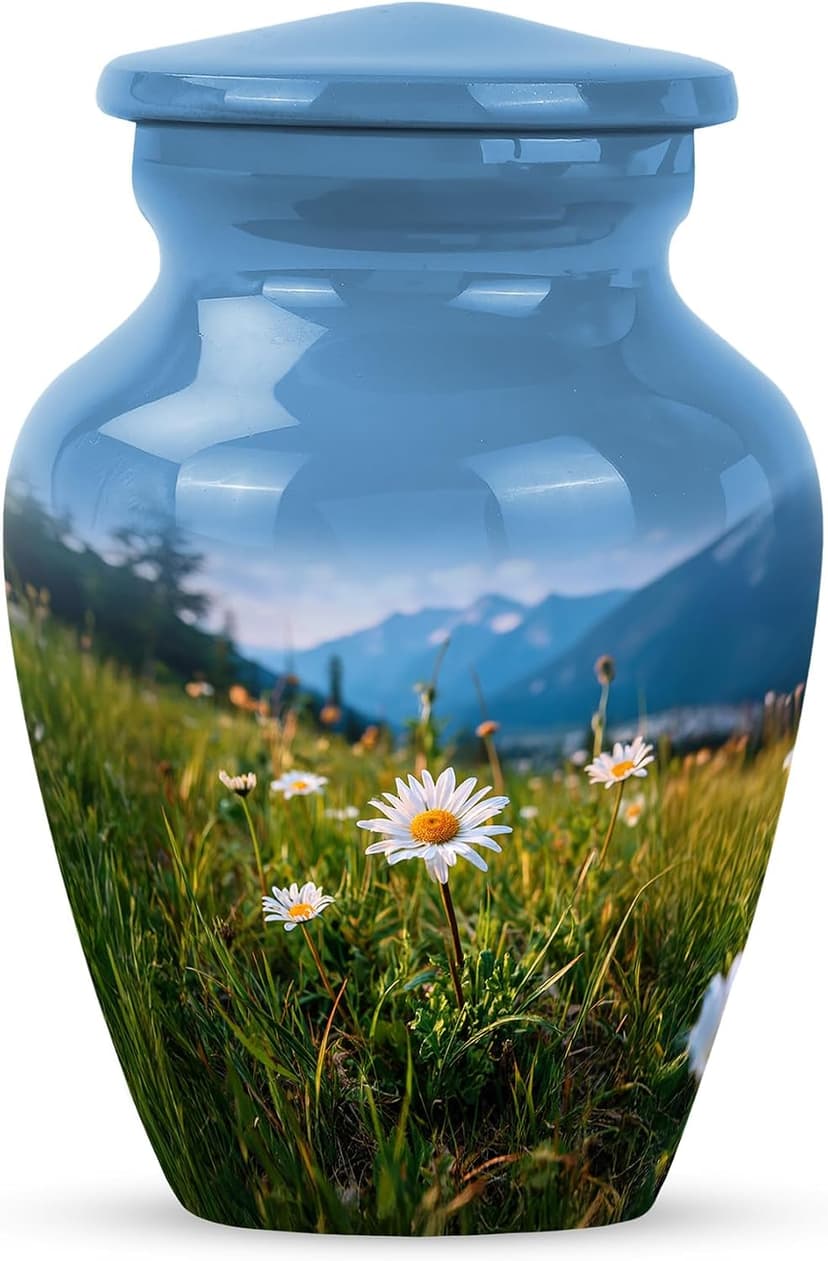 Blue Small Funeral Urn for Ashes for Women and Men Remains - Decorative Travel Urn for Mother and Father Cremation 3 Inch Daisy Burial Urns for Adult Human Ashes B0FJY7YYJ6