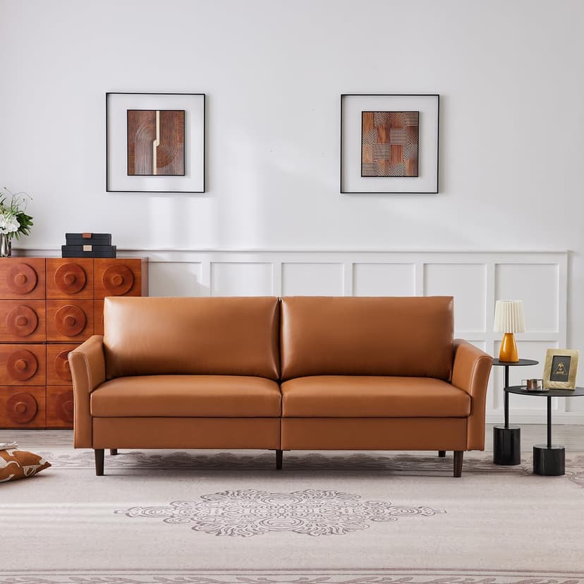 Kingfun Faux Leather 3 Seat Couch for Living Room, Mid Century Modern Sofa with Rolled Arms and Deep Seats, Fluffy Comfort for Apartment, Easy to Assemble, Chestnut