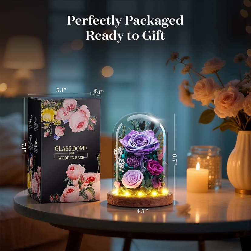 Dsuto Forever Fresh Flowers Bouquet in Glass Dome with Light, Preserved Purple Roses Gifts for Women on Birthdays, Anniversaries, Christmas, Valentine’s Day & Mother’s Day