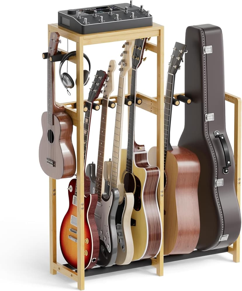 Amazer Guitar Stand, Guitar Rack for Acoustic, Bass, Electric Guitar, Multi Guitar Display Stand Adjustable Bamboo Guitars Holder, Multiple Guitar Stands Floor, for Home Music Studio