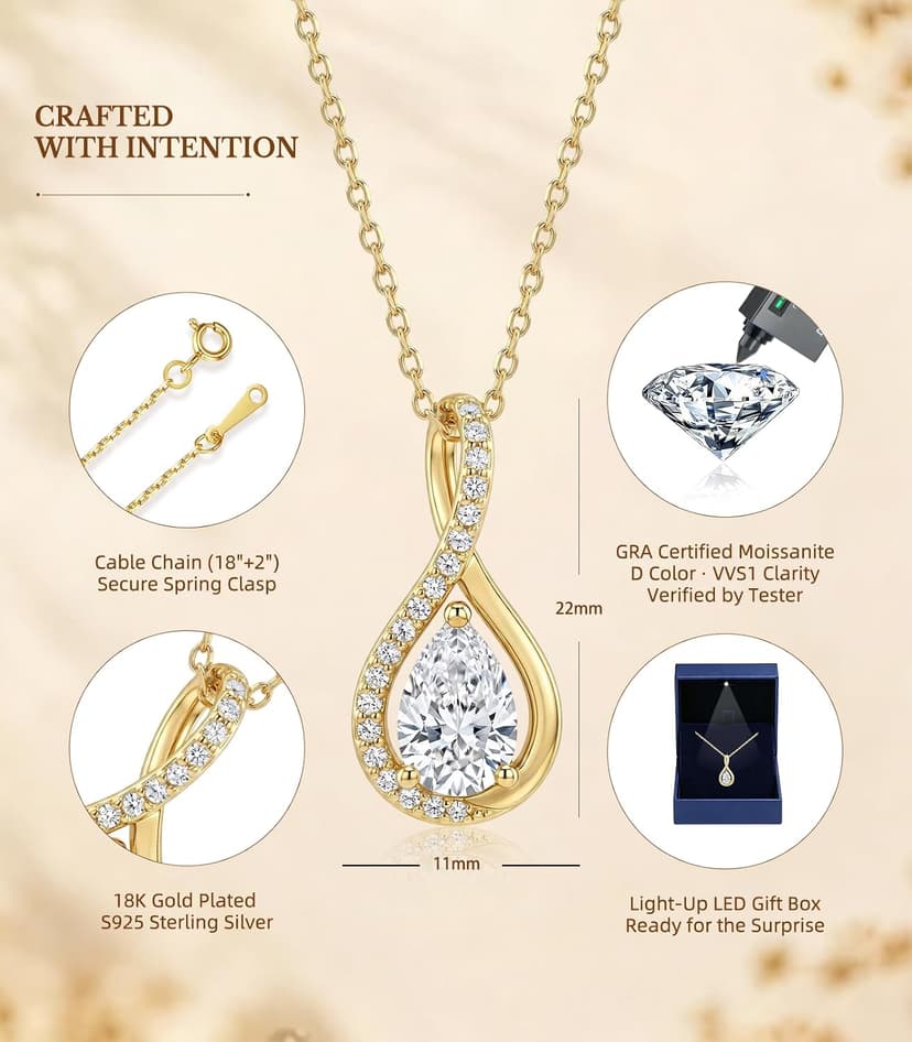 S925 Sterling Silver 18k Gold Plated Infinity Jewelry Gifts for Women Wife Her Girlfriend with Card in Light-Up Gift Box 2CT Moissanite Necklace Anniversary Birthday Gifts for Women Wife Her B0GTY9JBFT