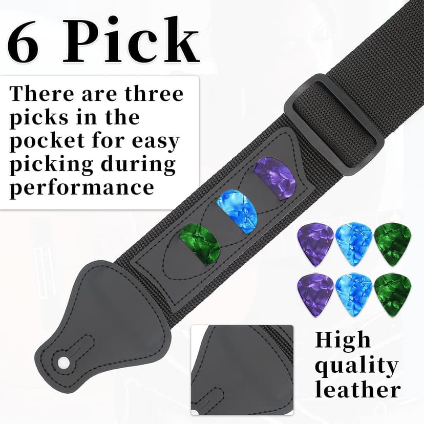 Qiifaiikooii Guitar Strap With 3 Pick Holders,6 Pcs Picks Guitar Accessories,Easy to Install(Black)