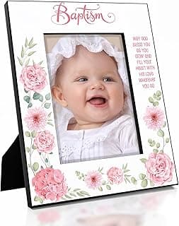 KATE POSH Baptism Picture Frame for Girl, Pink Flowers Decor, Christening, Religisous Gift, From Godparents, New Baby (5x7-Vertical)