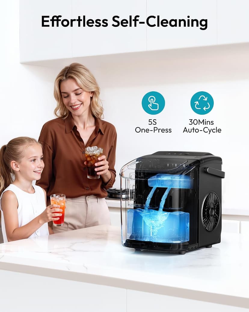 EUHOMY Countertop Ice Maker Machine with Handle, 26lbs in 24Hrs, 9 Ice Cubes Ready in 6 Mins, Auto-Cleaning Portable Ice Maker with Basket and Scoop, for Home/Kitchen/Camping/RV. (Black)