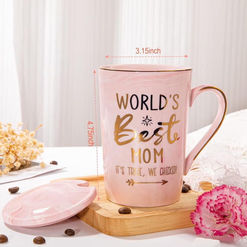 Unique Marble Gold Print Coffee Cup with Lid, Spoon, Greeting Card, Happy Moms Mothers Day Gifts Idea, Luxury Gift Boxed Set Birthday Gifts for Mom from Daughter Son, 14oz Funny Best Mom Mug, Pink B09Z7KFN1Y