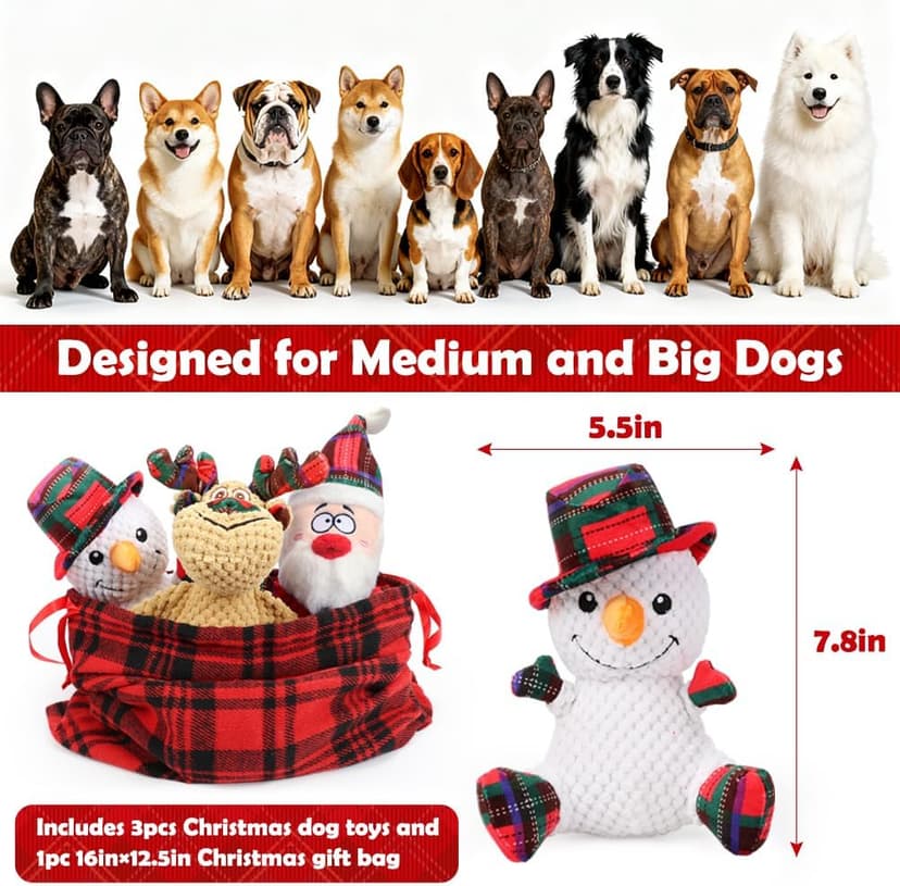 SZEE Dog Christmas Toys for Medium & Big Pets [3 Pack], Premium Dog Gifts, Christmas Doggy Plush Squeaky Chew Toys - Santa, Reindeer, Snowman B0DCMH5GY4