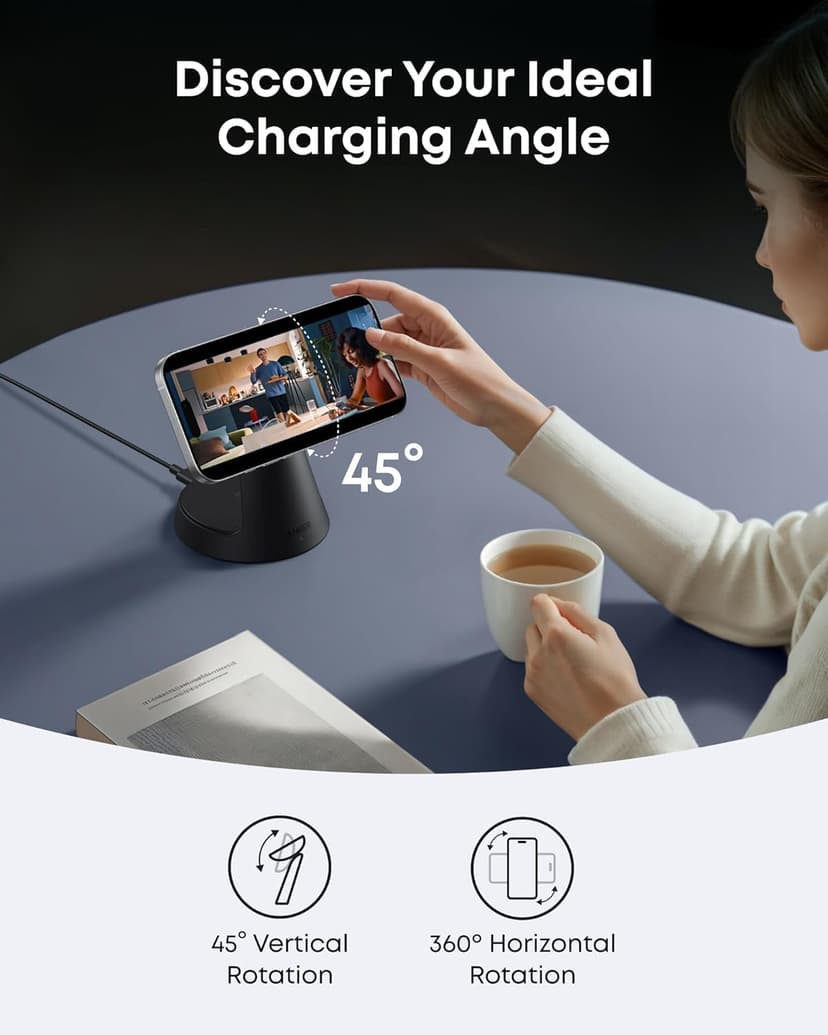 Anker MagSafe Charger Compatible, MagGo 3-in-1 Charging Station, Nano Charging Stand, Qi2 Certified 15W Magnetic Wireless Charger Dock, for iPhone17/16/15/14, Apple Watch,AirPods (Adapter Included)