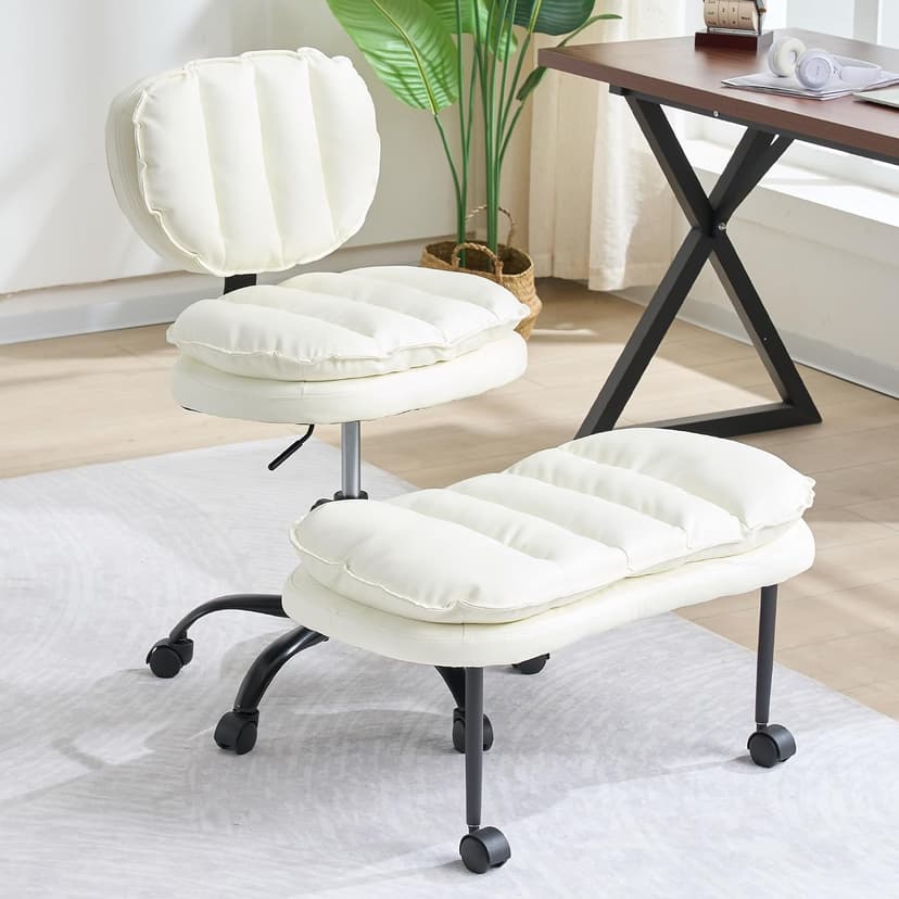 Cross Legged Office Chair – 360° Swivel ADHD Chair for Adults, Ergonomic Meditation seat with Wheels & Retractable Footrest, Height Adjustable Seat for Yoga Gaming Home Office – White