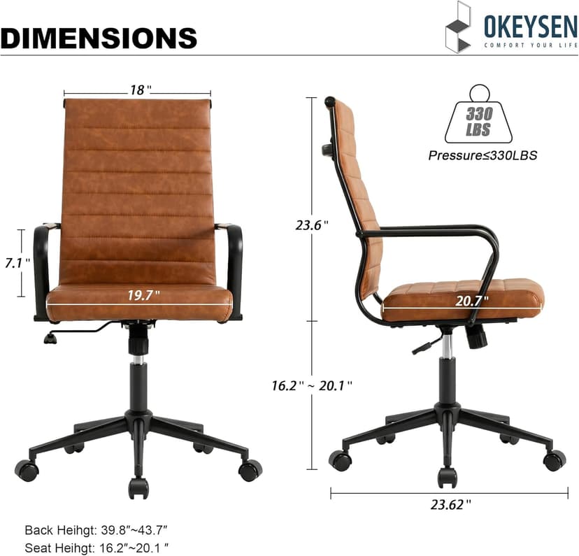 Okeysen Leather Office Desk Chair, Mid-Century Modern Leather Conference Room Chairs, Ergonomic Executive Ribbed Height Adjustable Swivel Rolling Chair for Home Office.