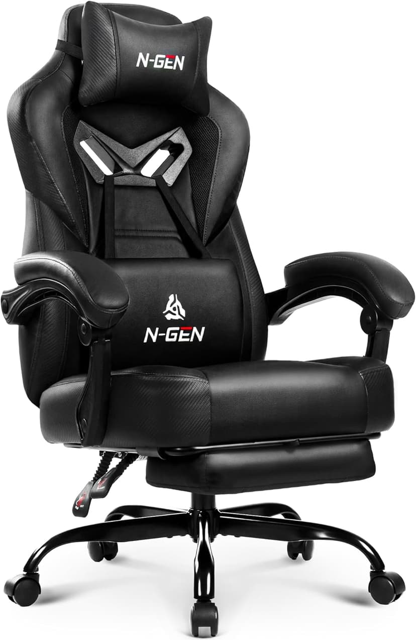 N-GEN GAMING Video Gaming Chair Big and Tall Office Computer Desk Chairs with Ergonomic Lumbar Support High Back Recliner and Footrest for Adults (Black)