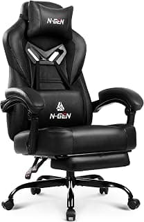 N-GEN GAMING Video Gaming Chair Big and Tall Office Computer Desk Chairs with Ergonomic Lumbar Support High Back Recliner and Footrest for Adults (Black)