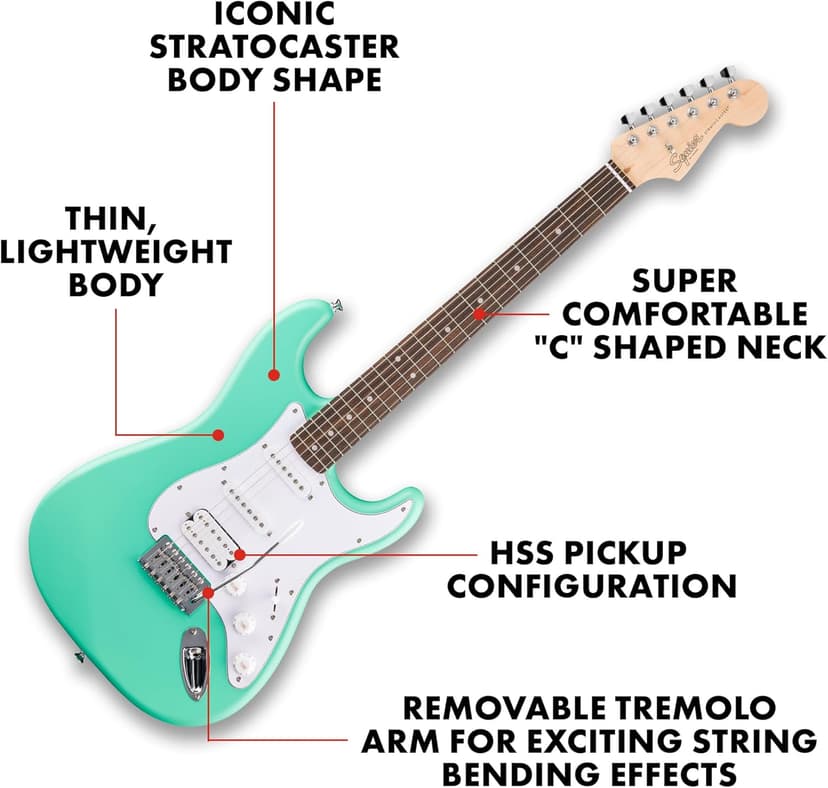 Fender Squier Debut Series Stratocaster HSS Electric Guitar, Beginner Guitar, 2-Year Warranty, Includes Free Lessons, Sea Foam Green with Satin Urethane Finish