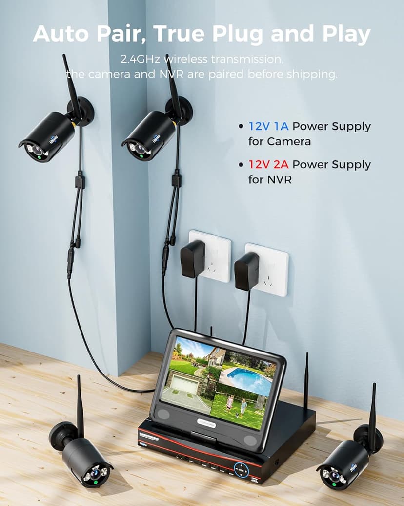 Hiseeu Home Security Camera System, 24/7 Recording Wired Plug-in Powered 4Pcs 5MP Outdoor Cameras, 10.1" LCD 16CH 8MP NVR&Monitor, One-Way Audio, Motion Detection, 1TB HDD, 2.4G/5G Wireless WiFi Pro