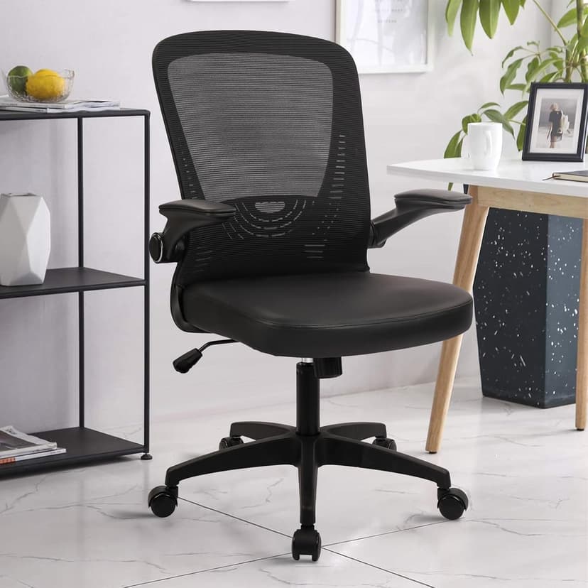 CLATINA Desk Chairs with PU Leather Seat, Flip Up Arms Ergonomic Mesh Back Office Chair with Lumbar Support, Adjustable Height Swivel Rolling Computer Chairs for Home Conference Meeting, Black, 8 Pack