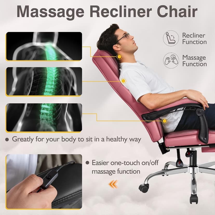 Shahoo Executive Office Chair with Massage, Ergonomic Reclining High Back Leather Seats with Footrest and Lumbar Support, Big and Tall, 400Lbs Heavy Duty, Pink
