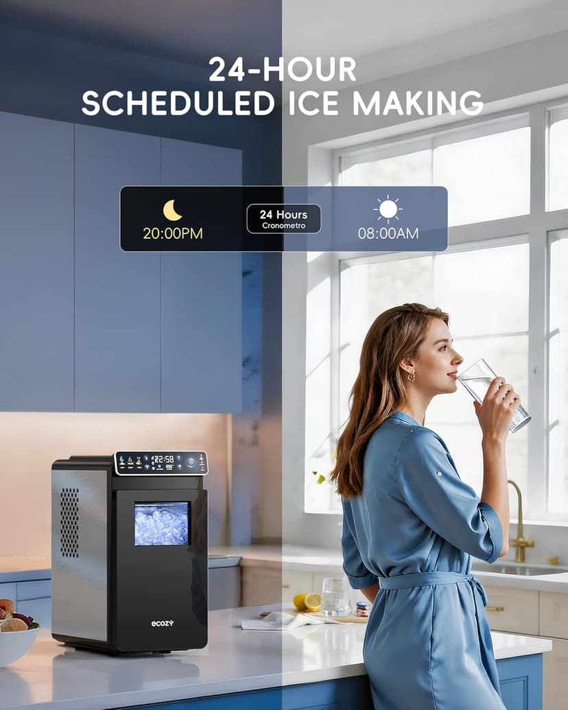 ecozy Ice Makers Countertop, Ultra Slim Design with Full-Color Panel, Internal Lights, 26 lbs/24H, Timer Ice Making, Two Ice Sizes, Portable Self-Cleaning Ice Machine for Home/Kitchen/RV