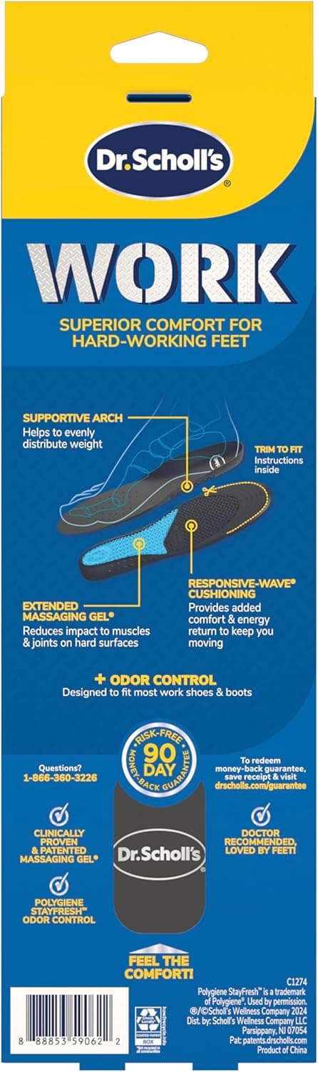 Dr. Scholl's Work All-Day Superior Comfort Insoles with Massaging Gel - Designed for Men & Women with Hard-Working Feet, Eliminates Sore Muscles and Tired Legs, Arch Support Inserts with Odor Control