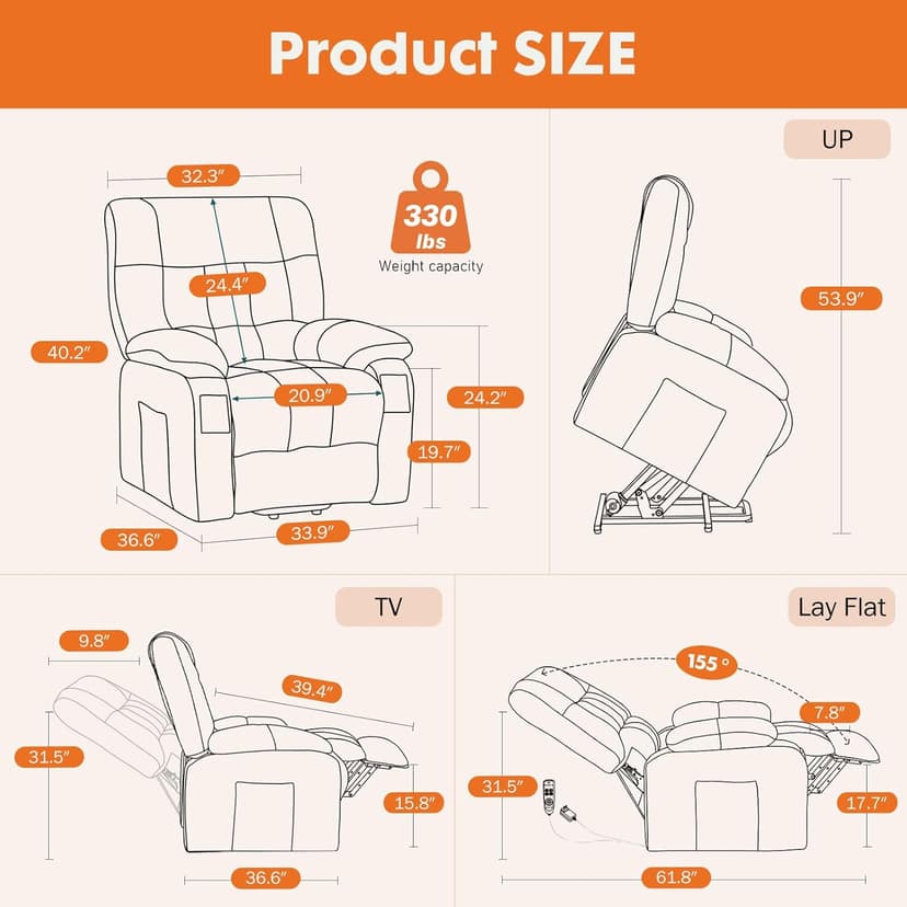 Sweetcrispy Power Lift Recliner Chair with Vibration Massage and Heat for Adults, Ergonomic Overstuffed Breathable Fabric Reclining Chair with Side Pockets, Remote Control, Living Room, Bedroom, Brown
