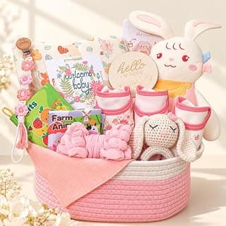 Baby Girl Gifts,Baby Shower Gift Baskets for Girls,Gender Reveal Gifts,Unique Baby Girl Newborn Essentials with Blanket Rattle Toys B0GLY1H5YD