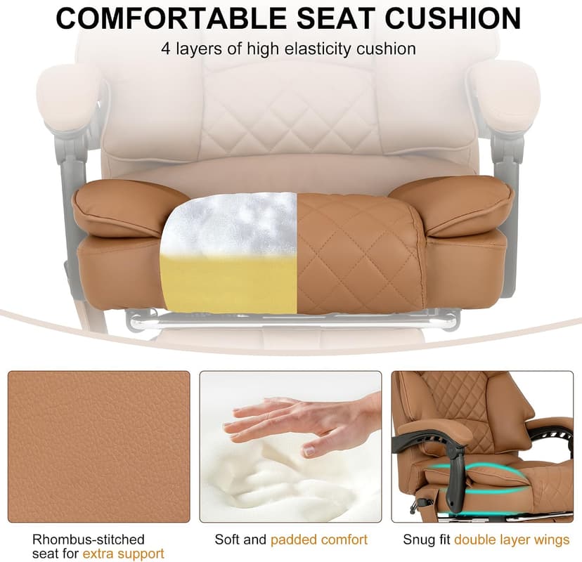 Kneading Massage Office Chair with Heated,90-135° Reclining Executive Office Chair with Footrest,Computer Desk Chair with Wheels,Diamond-Stitched Cushion Leather Office Chair,Brown